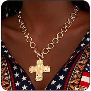 Chunky Hammered Gold Cross Necklace with Thick Chain and Toggle Clasp